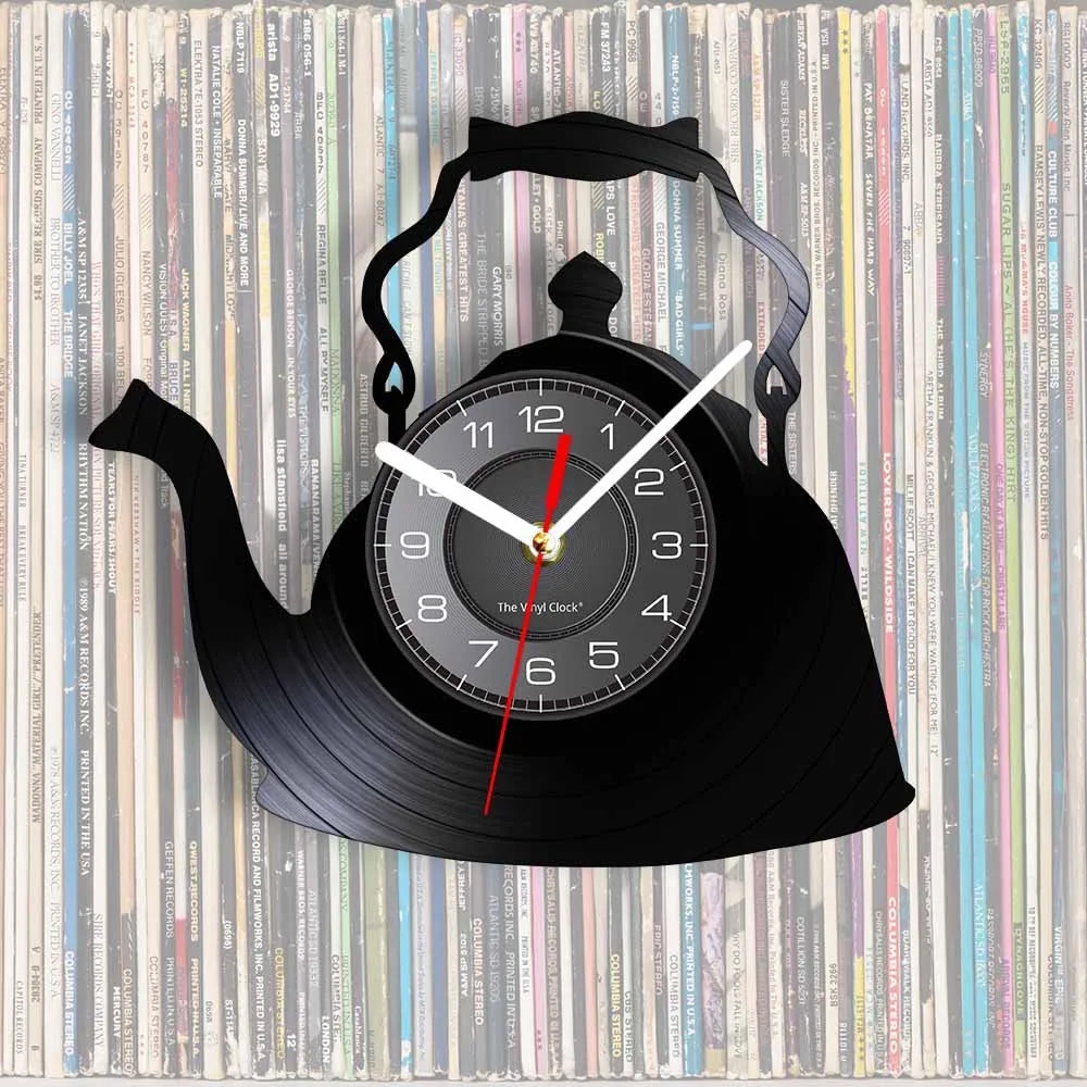 Modern Kitchen Artwork Teapot Wall Clock Tea Room Wall Decor Teapot Retro Vinyl Record Wall Clock Kitchen Decorative Wall Watch