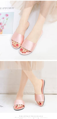 Summer New Home Slippers Fashion Flat Casual Satin Simulation Silk Slippers Indoor Non-slip Peep Toe Slides Wedding  Flip Flops