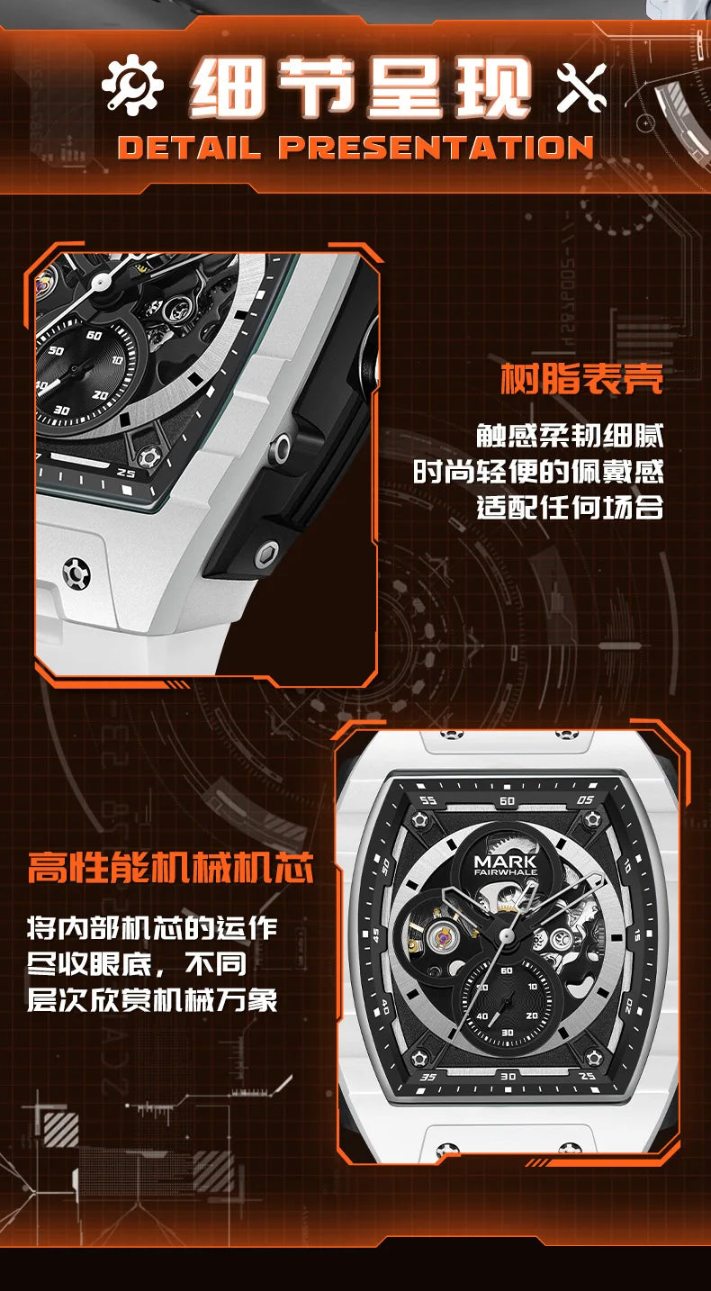 Mark Fairwhale 6003 Automatic Movement Mens Watch New Tonneau Light Case Luminous Waterproof Mechanical Watches for Men Gift BOX