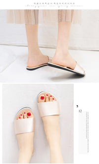 Summer New Home Slippers Fashion Flat Casual Satin Simulation Silk Slippers Indoor Non-slip Peep Toe Slides Wedding  Flip Flops