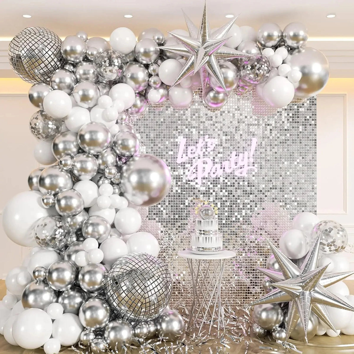 White and Gold Balloons Garland Arch Kit with Starburst Foil Balloon for Wedding Anniversary Birthday Party Decorations Supplie