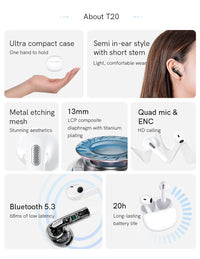 QCY T20 TWS Wireless Earphones Bluetooth 5.3 Earbuds 68ms Low Latency 13mm Driver HIFI Headphones 4 Mics+ENC HD Call Headsets