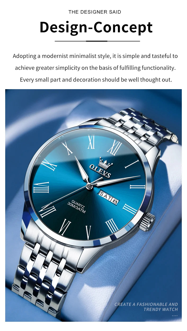 OLEVS Business Minimalist Stainless Steel Watch Man Luxury Luminous Hands Roman Scale Calendar Waterproof Quartz Watches for Men
