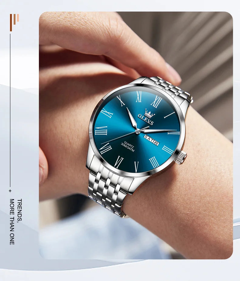 OLEVS Business Minimalist Stainless Steel Watch Man Luxury Luminous Hands Roman Scale Calendar Waterproof Quartz Watches for Men