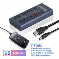 MZX 10/7/4 Port Aluminum USB 3.0 Hub A 3 0 Multi Splitter Concentrator Multiple Extension Hub Switch Power Adapter for PC Laptop