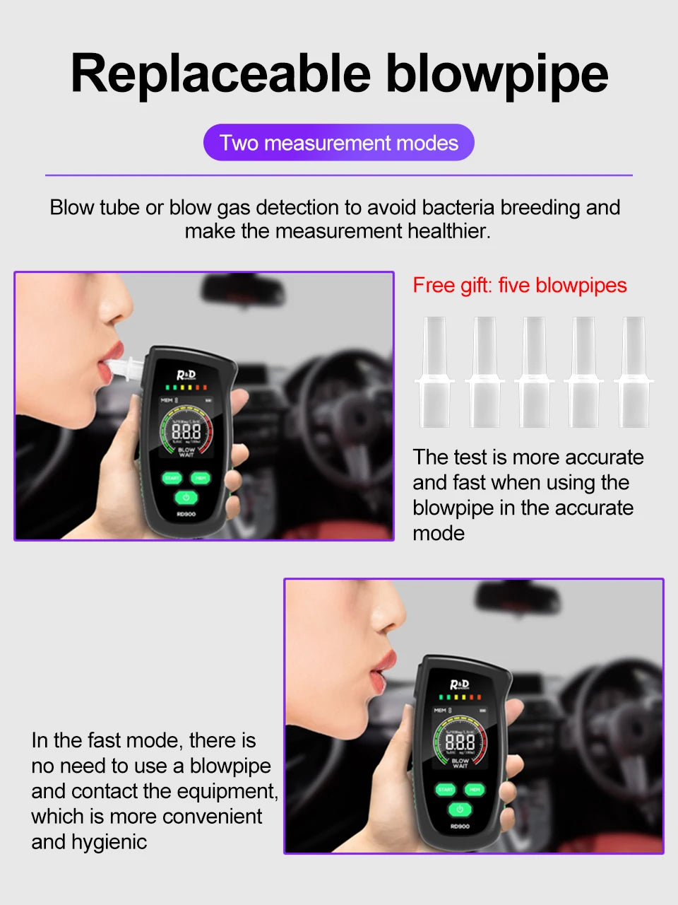 R&D RD900 Alcohol Tester Rechargeable Digital Breath Tester Breathalyzer Gas Alcohol Detector for Personal & Professional Use