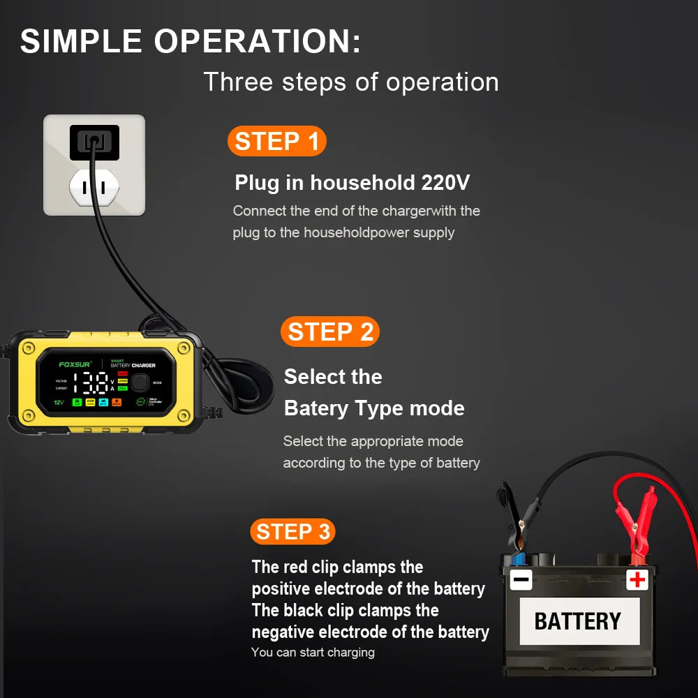 NEW FOXSUR Universal Repair Car Battery Charger 12V 7A Intelligent Repair Motorcycle Charger for lead Acid LiFePO4 Battery