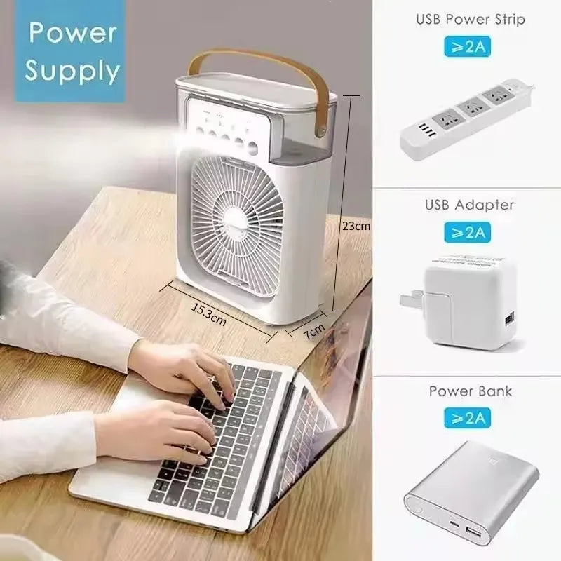 Portable humidifier fan three in one, mini USB air conditioning fan, LED night light, water mist, home fun air cooler humidifier