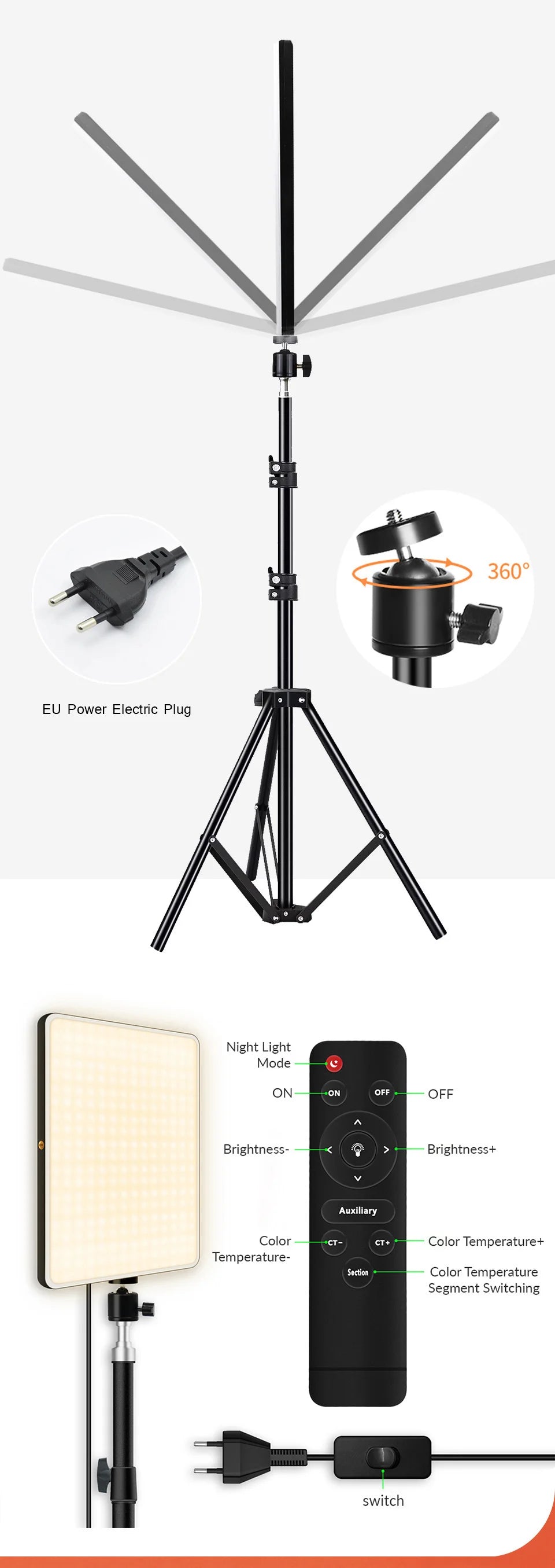 Photo Studio LED 2700k-5700k Video Fill Lamp Light Panel Photography Lighting With Tripod Stand Long Arm EU Plug For Live Stream