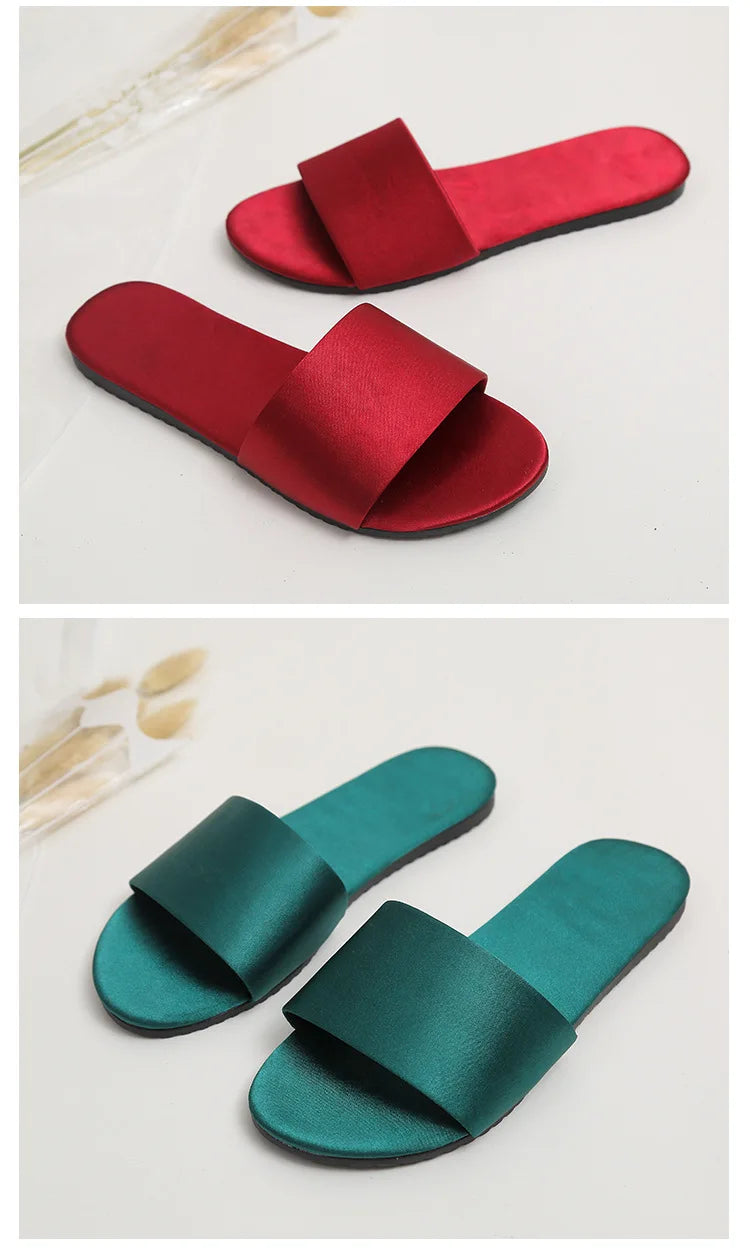 Summer New Home Slippers Fashion Flat Casual Satin Simulation Silk Slippers Indoor Non-slip Peep Toe Slides Wedding  Flip Flops