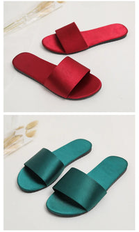 Summer New Home Slippers Fashion Flat Casual Satin Simulation Silk Slippers Indoor Non-slip Peep Toe Slides Wedding  Flip Flops