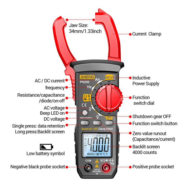 PN200 AC DC 0-600A Multimeter 4000 Counting Electrician Multi-FunctionDigital Clamp Meter Capacitance Resistance Current Tester