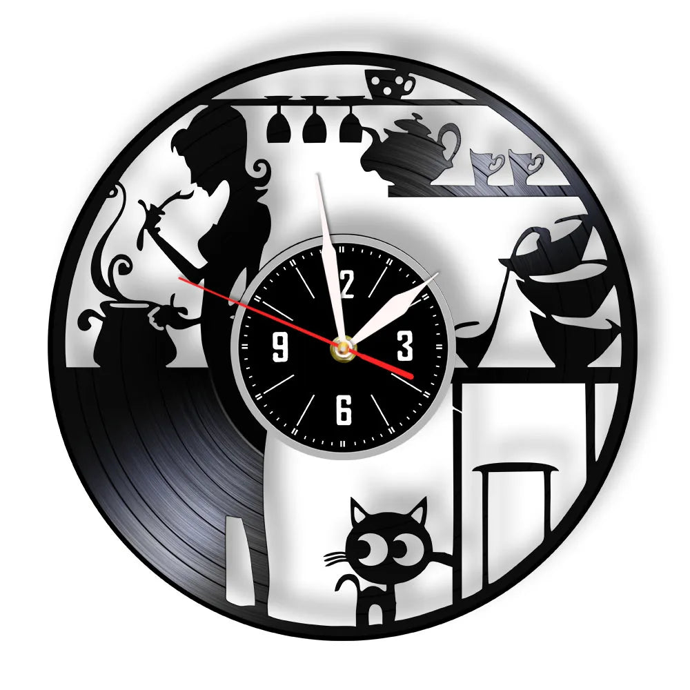 Modern Kitchen Artwork Teapot Wall Clock Tea Room Wall Decor Teapot Retro Vinyl Record Wall Clock Kitchen Decorative Wall Watch