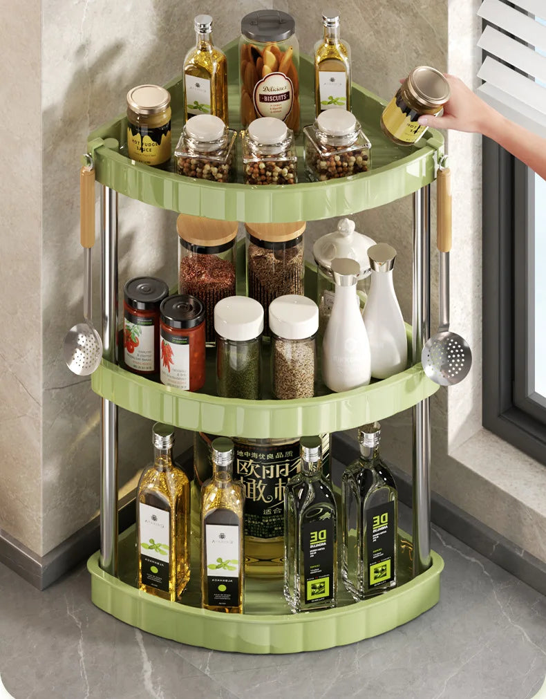 Kitchen Spice Rack Shelf Countertop Corner Multifunctional Seasoning Supplies Rack Saving Spice Rack Organizer with Hooks