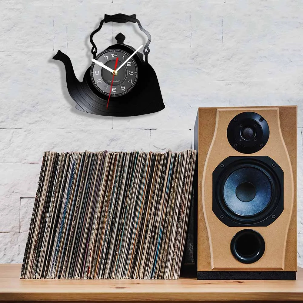 Modern Kitchen Artwork Teapot Wall Clock Tea Room Wall Decor Teapot Retro Vinyl Record Wall Clock Kitchen Decorative Wall Watch