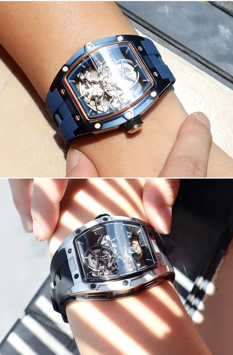 MEGIR Men's Automatic Mechanical Watch with Stainless Steel Case Silicone Band Skeleton Dial Waterproof Sport Wristwatch