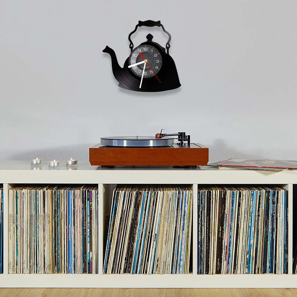 Modern Kitchen Artwork Teapot Wall Clock Tea Room Wall Decor Teapot Retro Vinyl Record Wall Clock Kitchen Decorative Wall Watch