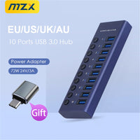 MZX 10/7/4 Port Aluminum USB 3.0 Hub A 3 0 Multi Splitter Concentrator Multiple Extension Hub Switch Power Adapter for PC Laptop