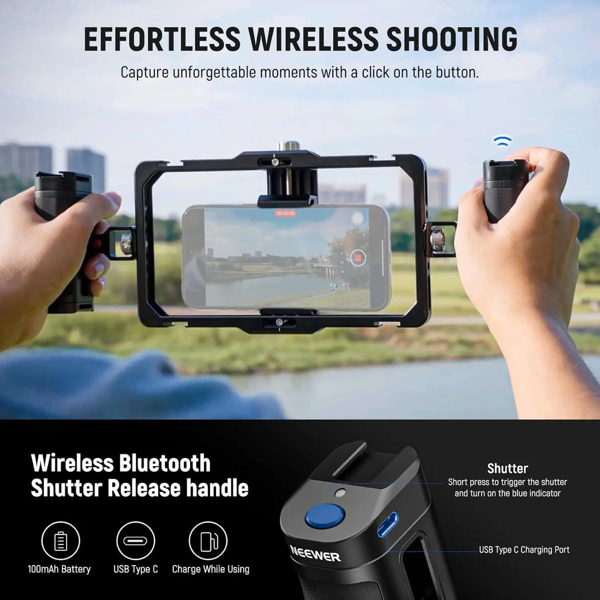 NEEWER Universal Phone Cage Rig with Bluetooth Side Handle Smartphone Stabilizer For iPhone 15 Pro Max 15 Pro Galaxy S24 Ultra