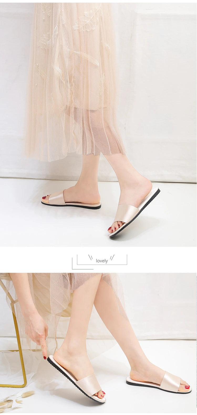 Summer New Home Slippers Fashion Flat Casual Satin Simulation Silk Slippers Indoor Non-slip Peep Toe Slides Wedding  Flip Flops