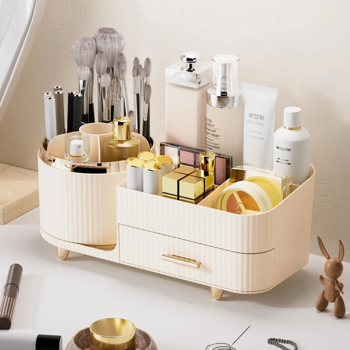 Makeup Organizer Countertop with Drawers 360 Rotating Makeup Brush Holder Large Capacity Skincare Organizer for Vanity Desk