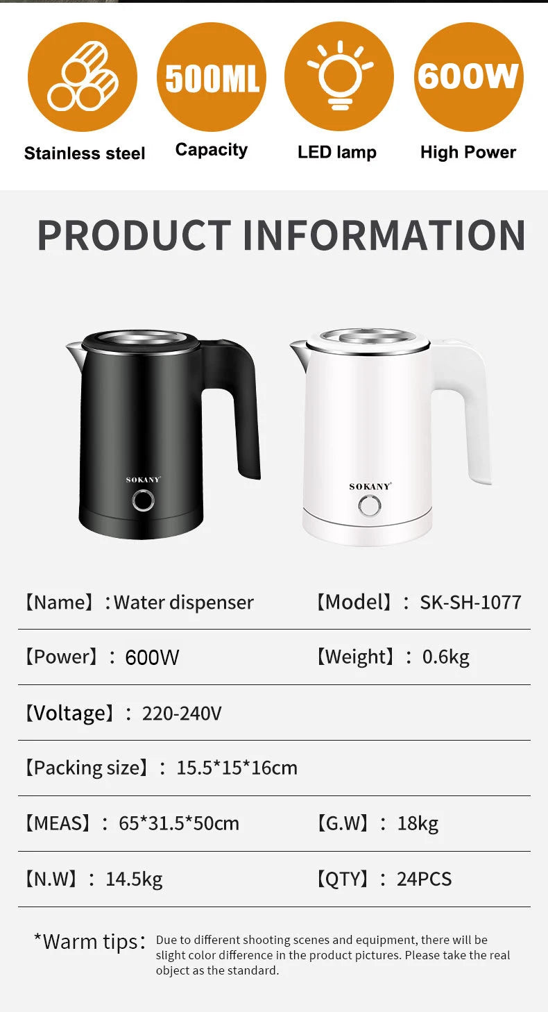 Houselin Electric Kettle 0.5L Stainless Steel Household Indoor Kettle Automatic Closing and Boiling Dry Protection 220V