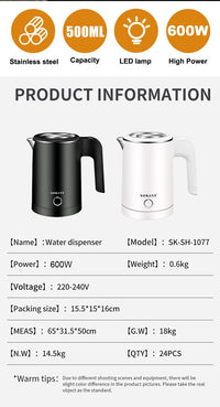 Houselin Electric Kettle 0.5L Stainless Steel Household Indoor Kettle Automatic Closing and Boiling Dry Protection 220V