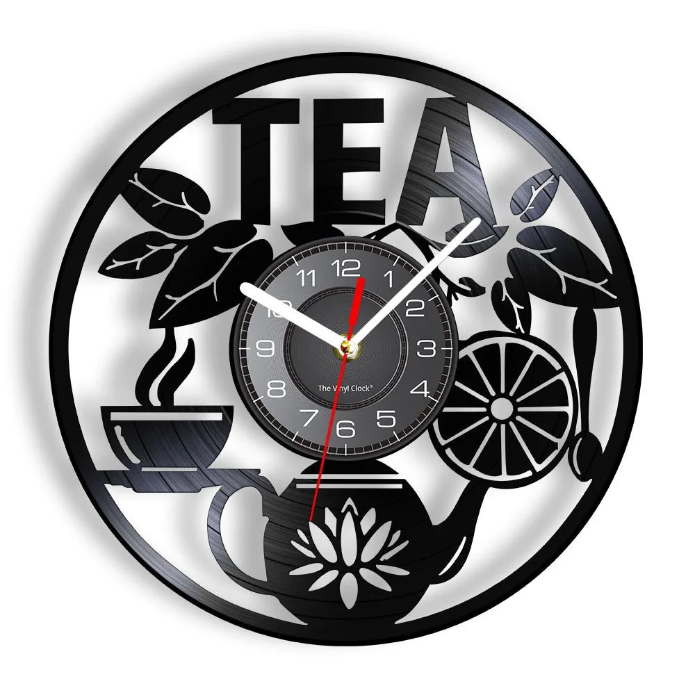Modern Kitchen Artwork Teapot Wall Clock Tea Room Wall Decor Teapot Retro Vinyl Record Wall Clock Kitchen Decorative Wall Watch