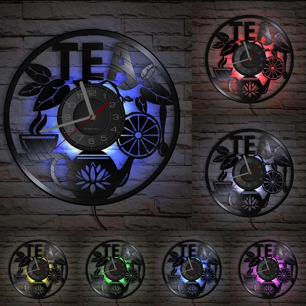 Modern Kitchen Artwork Teapot Wall Clock Tea Room Wall Decor Teapot Retro Vinyl Record Wall Clock Kitchen Decorative Wall Watch