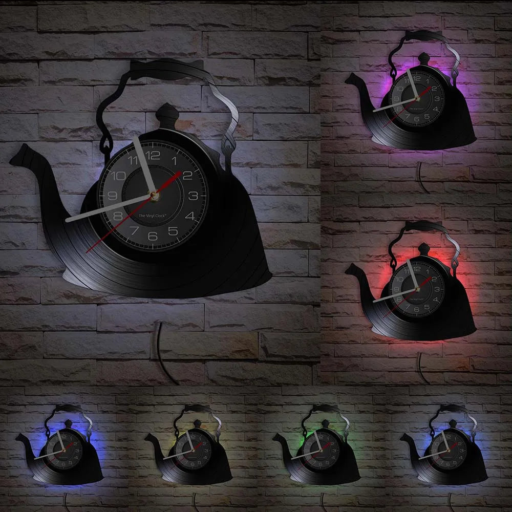 Modern Kitchen Artwork Teapot Wall Clock Tea Room Wall Decor Teapot Retro Vinyl Record Wall Clock Kitchen Decorative Wall Watch