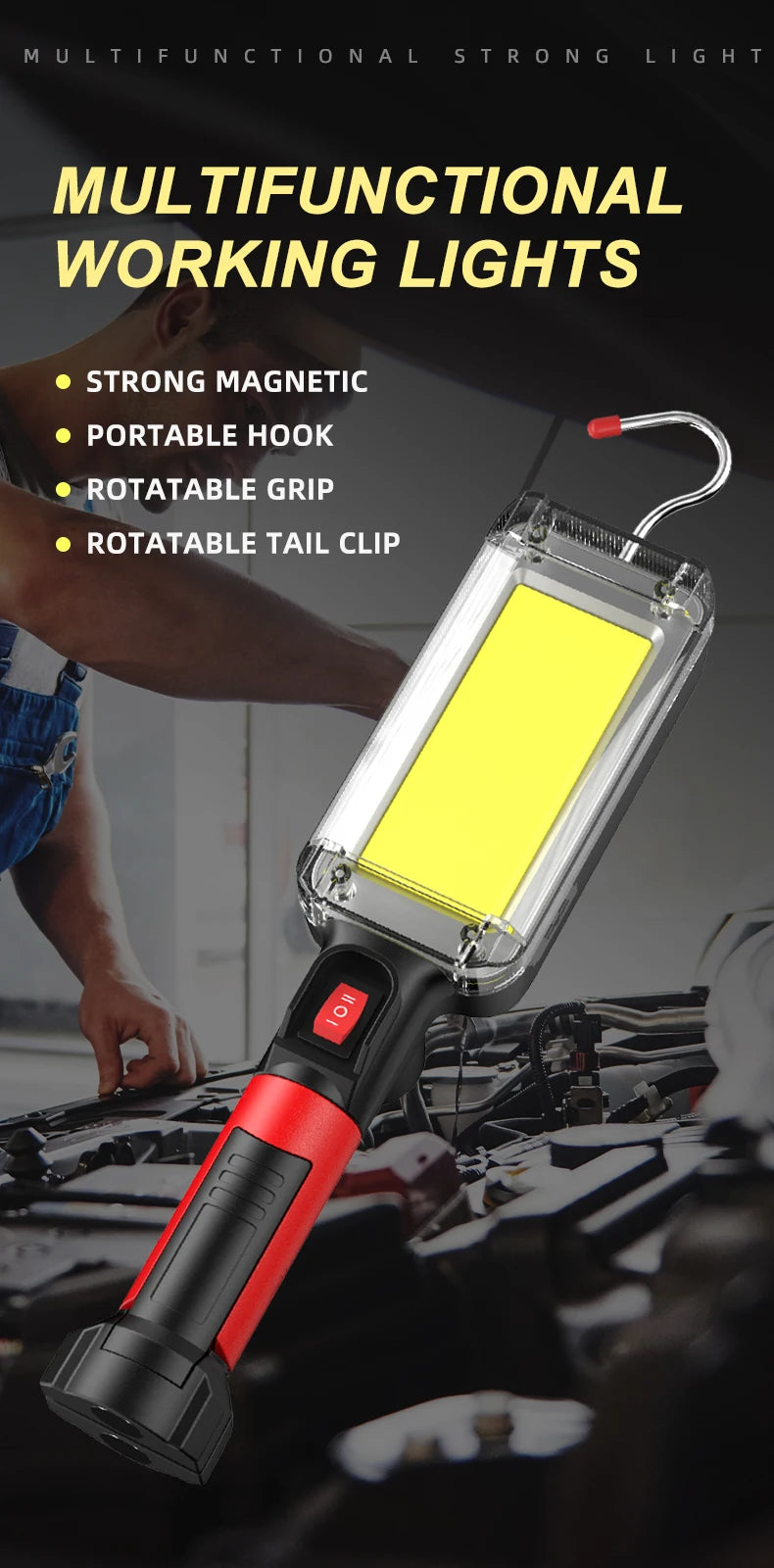 Led Work Light COB Floodlight 8000LM Rechargeable Lamp Use 2*18650 Battery Led Portable Magnetic Light Hook Clip Waterproof