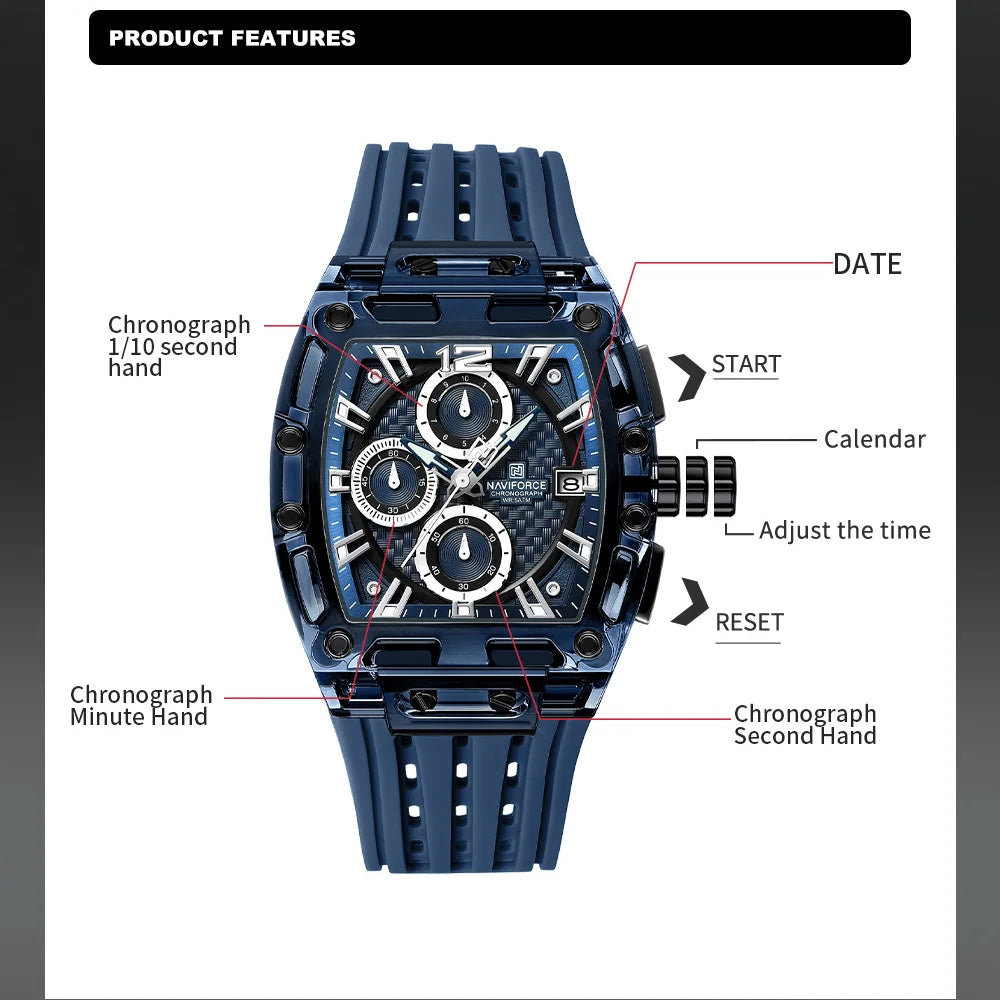 NAVIFORCE Fashion Men Watch Quartz Chronograph  Clock 3ATM Waterproof Silicone Band Sports Casual Date Display Male Wristwatches