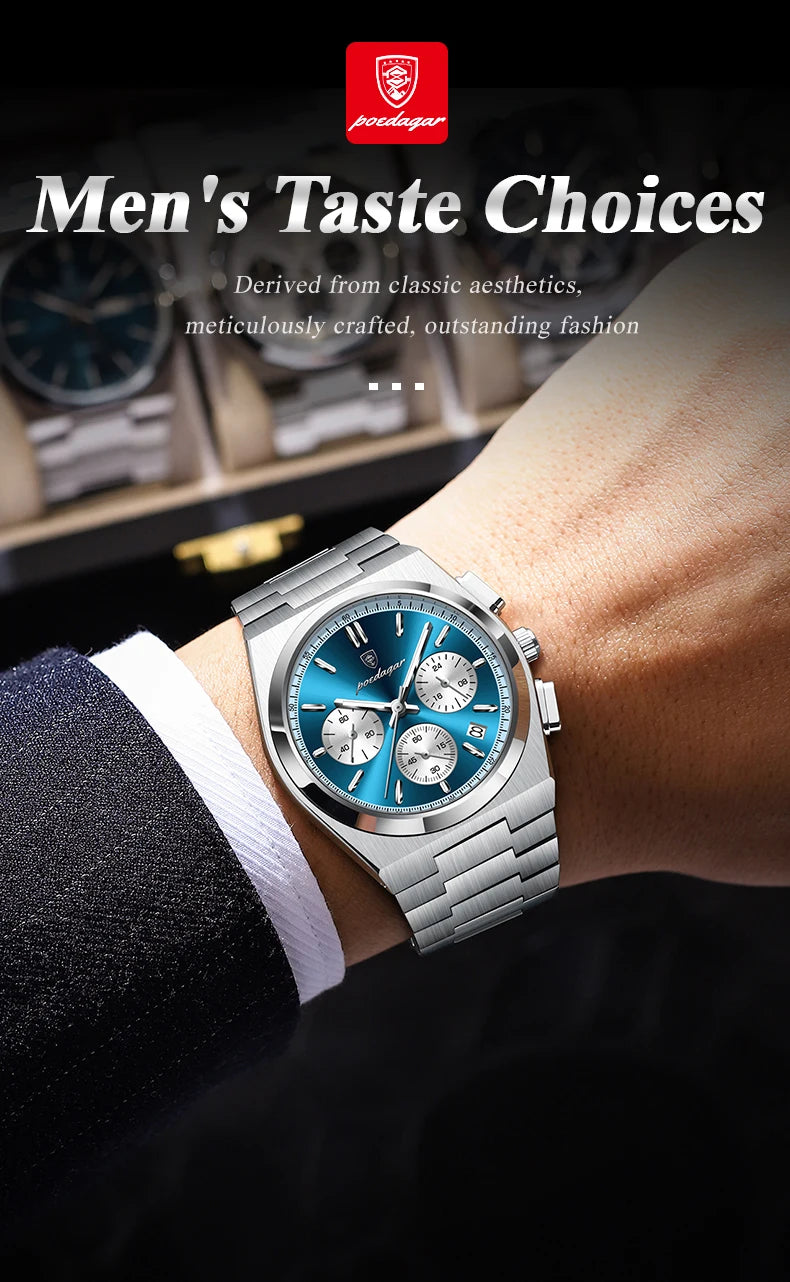 POEDAGAR Luxury Man Quartz Watch Sport Military Watch For Men Waterproof Luminous Date Chronograph Stainless Steel Men's Watches