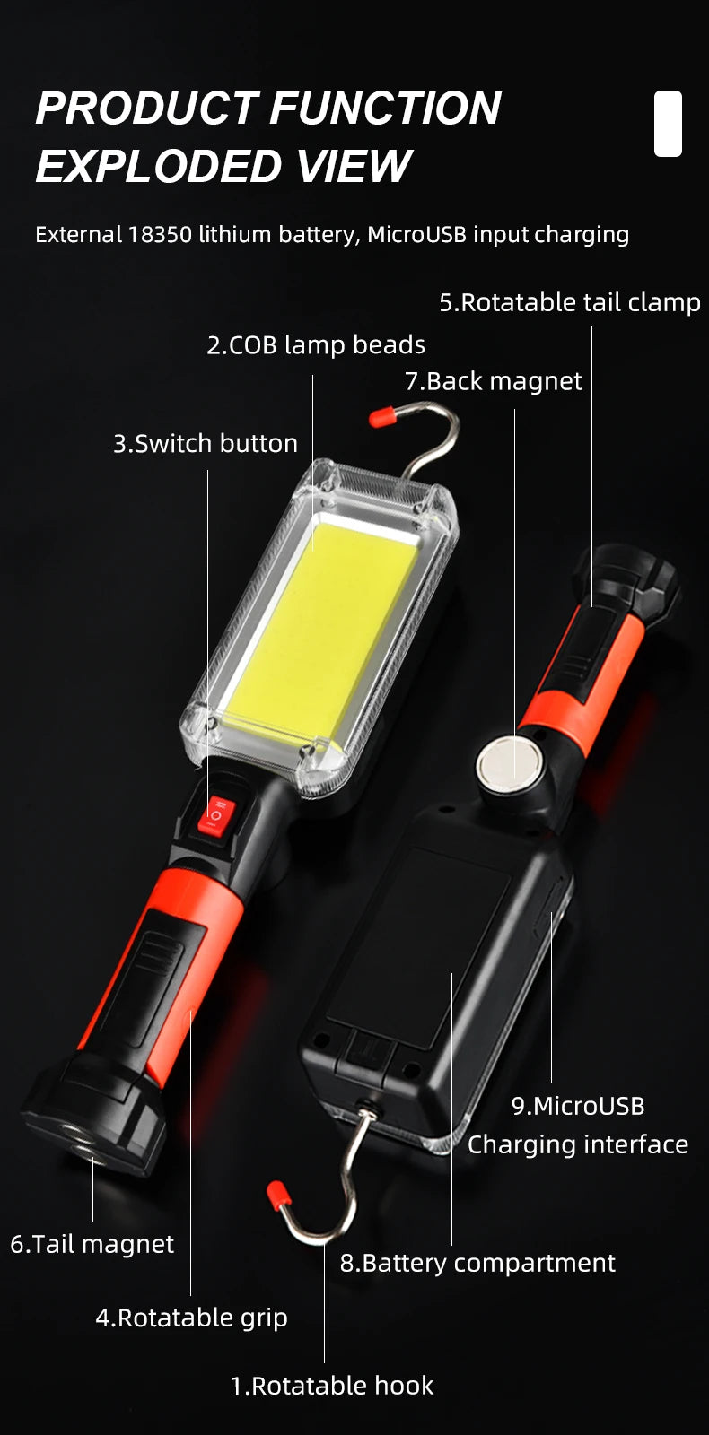 Led Work Light COB Floodlight 8000LM Rechargeable Lamp Use 2*18650 Battery Led Portable Magnetic Light Hook Clip Waterproof