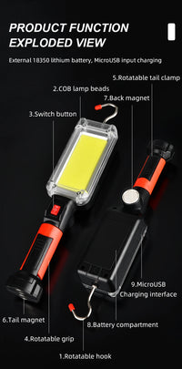 Led Work Light COB Floodlight 8000LM Rechargeable Lamp Use 2*18650 Battery Led Portable Magnetic Light Hook Clip Waterproof