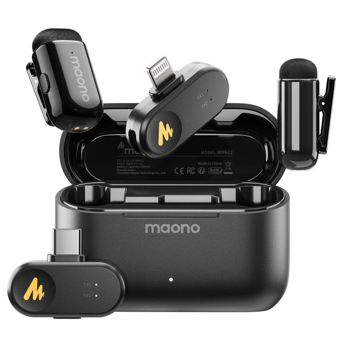 MAONO T1mini Wireless Lapel Microphone for Phone-Noise Cancellation Auto Clipping Function App Setting Audio Video Recording Mic