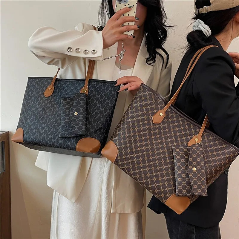 Large-capacity women's bags in Europe and the United States retro shoulder bag classic letters PU commuter handbags women