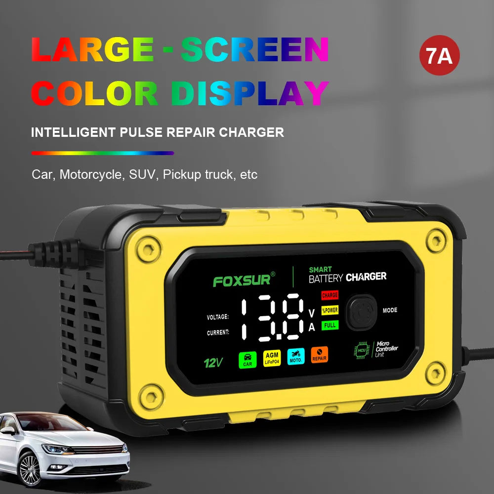 NEW FOXSUR Universal Repair Car Battery Charger 12V 7A Intelligent Repair Motorcycle Charger for lead Acid LiFePO4 Battery