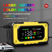 NEW FOXSUR Universal Repair Car Battery Charger 12V 7A Intelligent Repair Motorcycle Charger for lead Acid LiFePO4 Battery