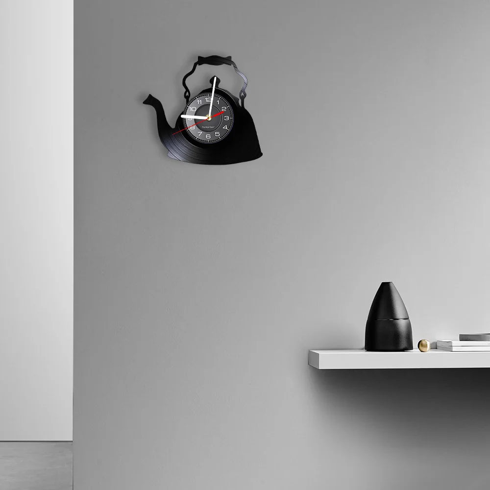 Modern Kitchen Artwork Teapot Wall Clock Tea Room Wall Decor Teapot Retro Vinyl Record Wall Clock Kitchen Decorative Wall Watch