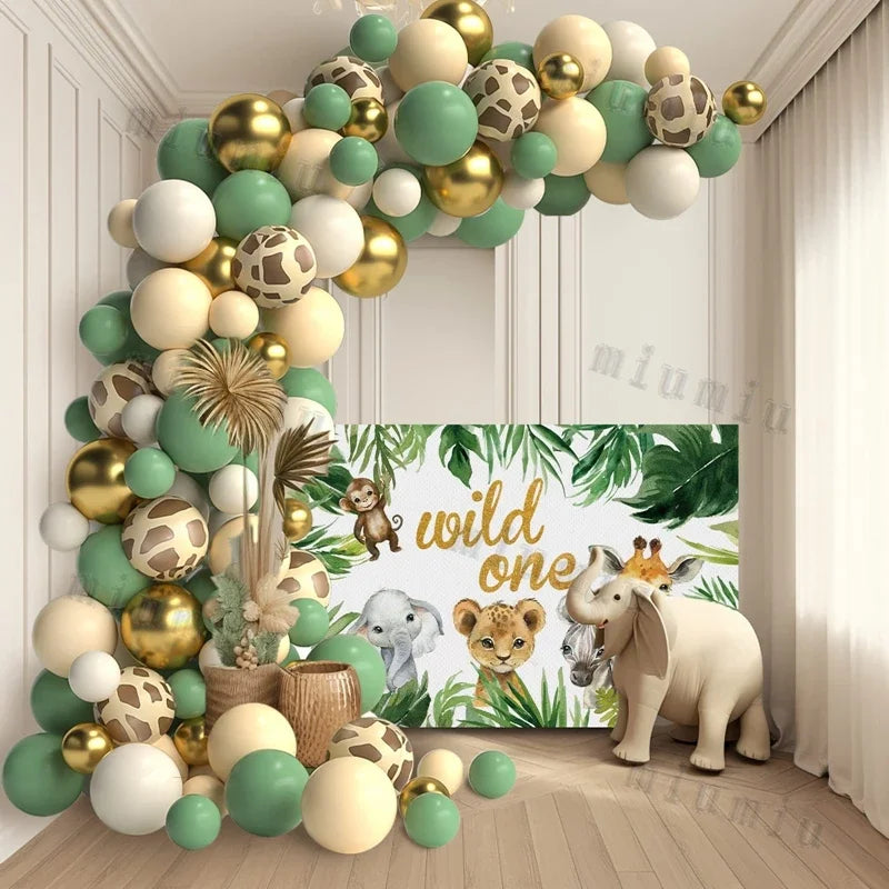 Jungle Safari Green Balloon Garland Arch Kit Kids Birthday Party Supplies Deer Pattern Gold Latex Ballons Baby Shower Decoration