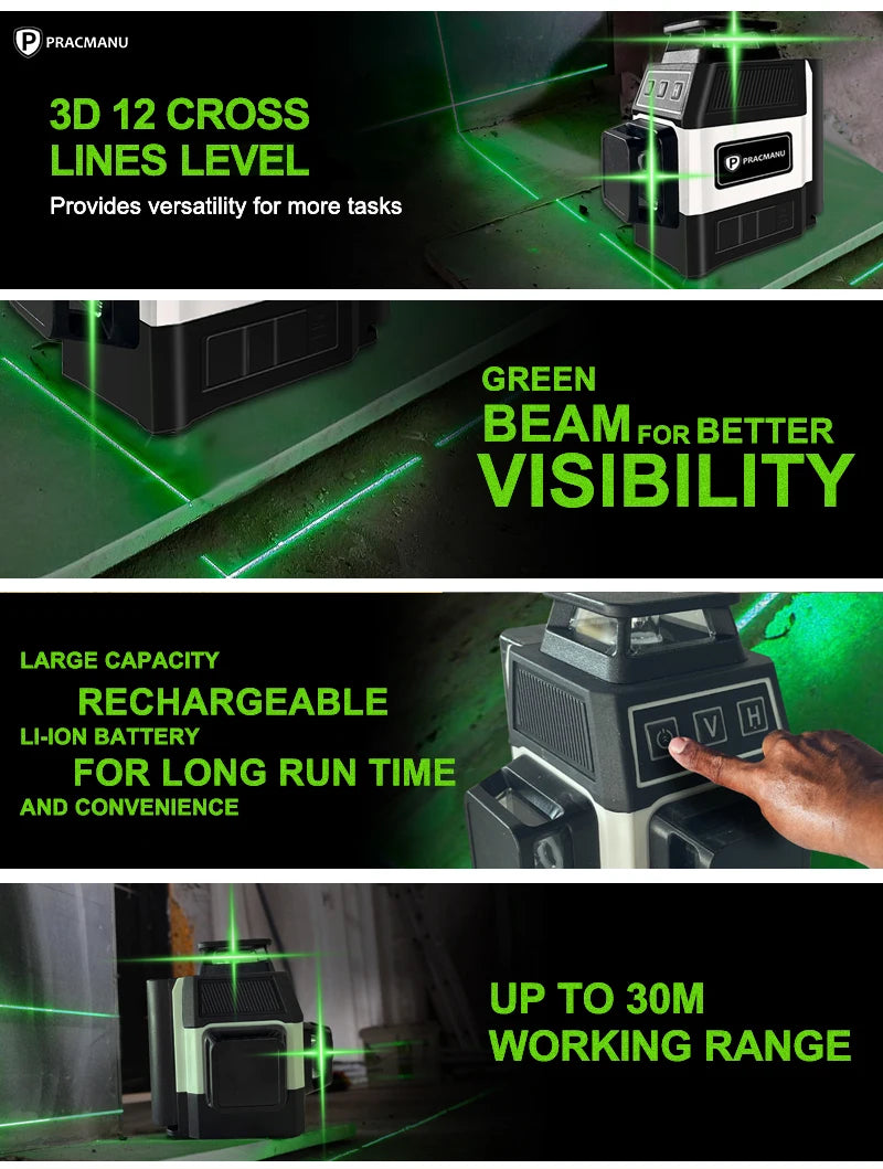 Pracmanu Mini Laser Level 12 Lines 3D level Self-Leveling 360° Horizontal and Vertical Cross Green Laser Beam Lines