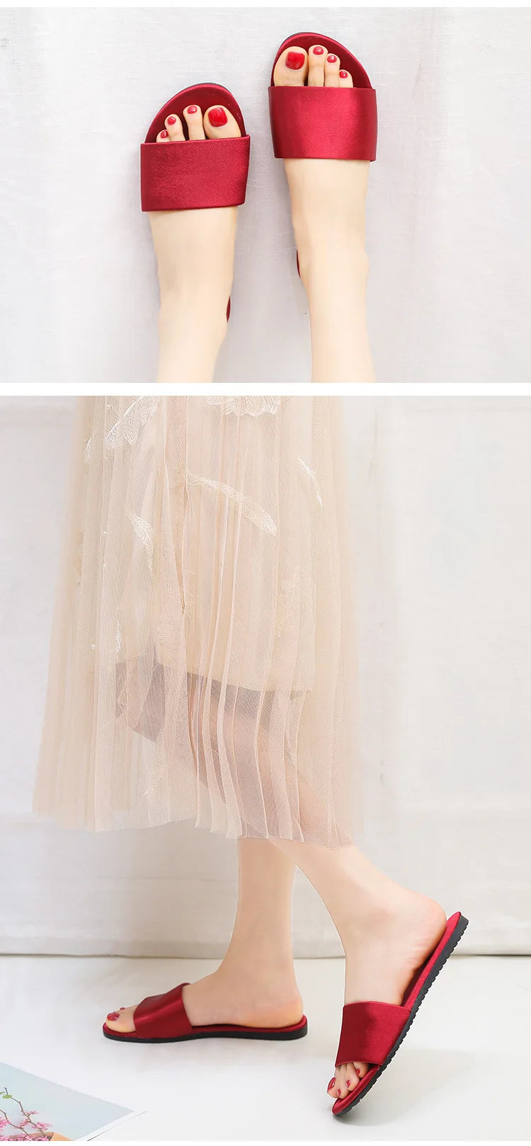 Summer New Home Slippers Fashion Flat Casual Satin Simulation Silk Slippers Indoor Non-slip Peep Toe Slides Wedding  Flip Flops