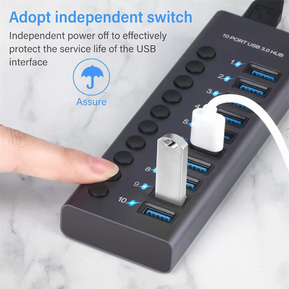 MZX 10/7/4 Port Aluminum USB 3.0 Hub A 3 0 Multi Splitter Concentrator Multiple Extension Hub Switch Power Adapter for PC Laptop