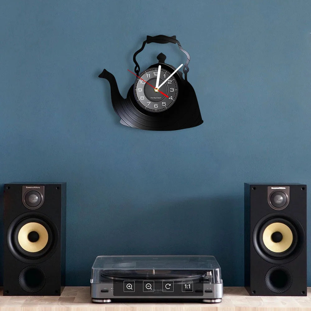 Modern Kitchen Artwork Teapot Wall Clock Tea Room Wall Decor Teapot Retro Vinyl Record Wall Clock Kitchen Decorative Wall Watch
