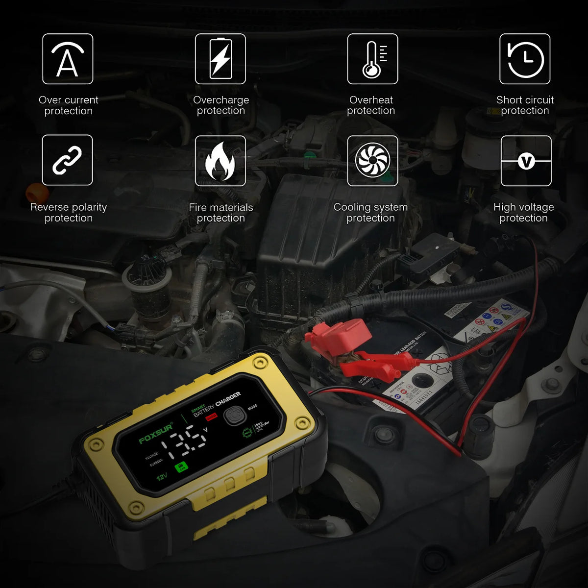 NEW FOXSUR Universal Repair Car Battery Charger 12V 7A Intelligent Repair Motorcycle Charger for lead Acid LiFePO4 Battery