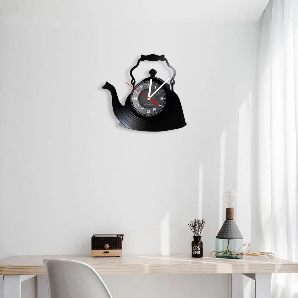 Modern Kitchen Artwork Teapot Wall Clock Tea Room Wall Decor Teapot Retro Vinyl Record Wall Clock Kitchen Decorative Wall Watch
