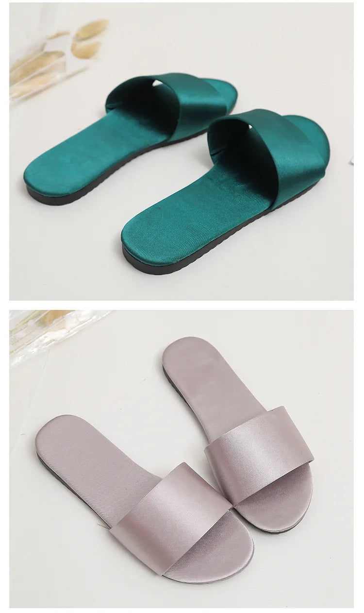 Summer New Home Slippers Fashion Flat Casual Satin Simulation Silk Slippers Indoor Non-slip Peep Toe Slides Wedding  Flip Flops