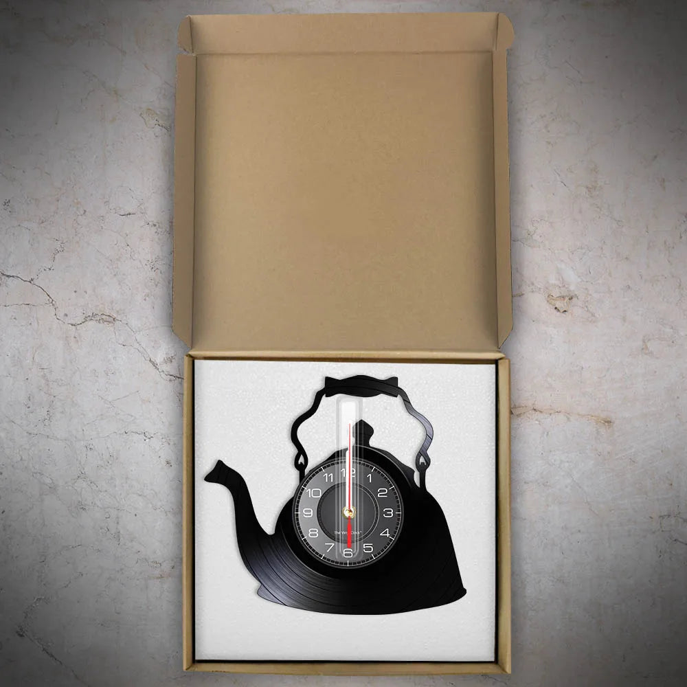 Modern Kitchen Artwork Teapot Wall Clock Tea Room Wall Decor Teapot Retro Vinyl Record Wall Clock Kitchen Decorative Wall Watch