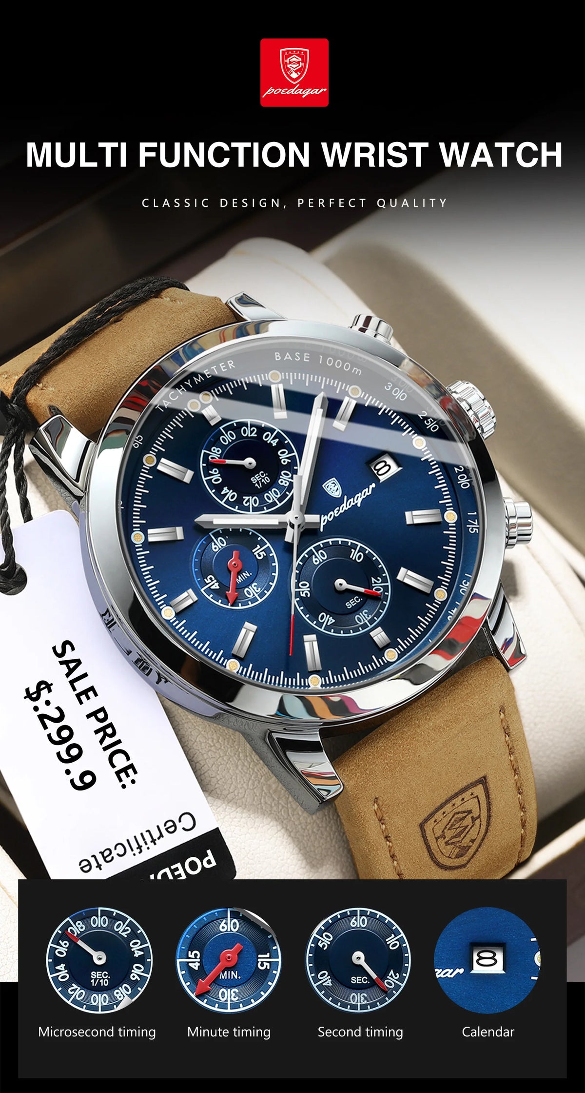 POEDAGAR Luxury Wristwatch for Man Waterproof Luminous Chronograph Date Men Watch Sports Leather Men's Quartz Watches Male reloj